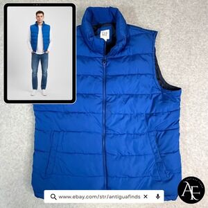 Gap Mens Puffer Vest Royal Blue Quilted Full Zip Fleece Lined Collar XL